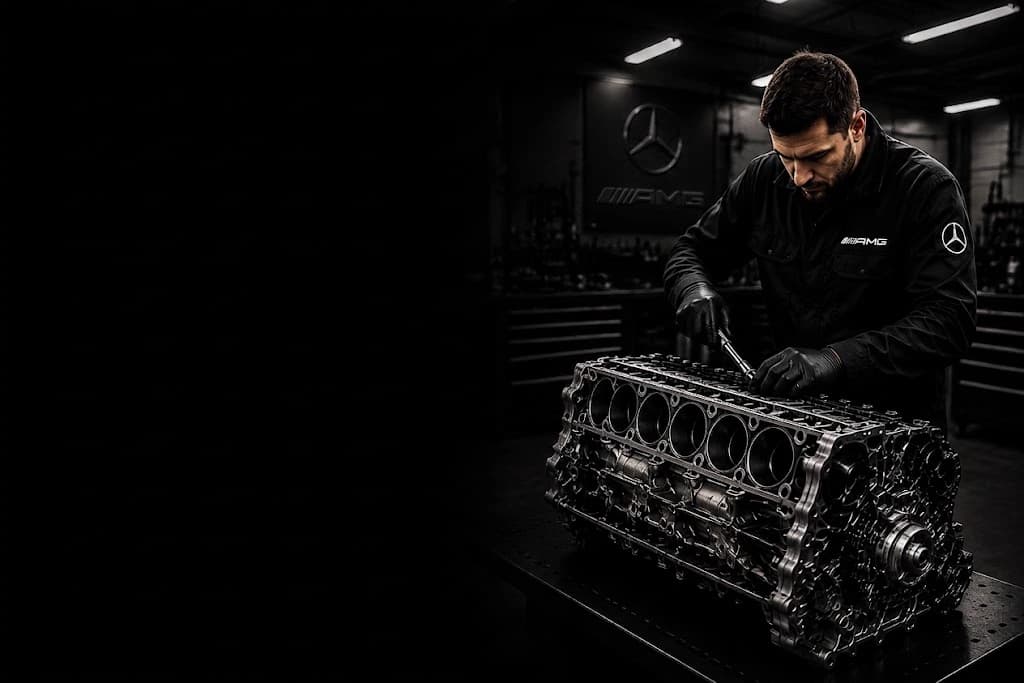 Jaguar technician rebuilding an M139 engine block