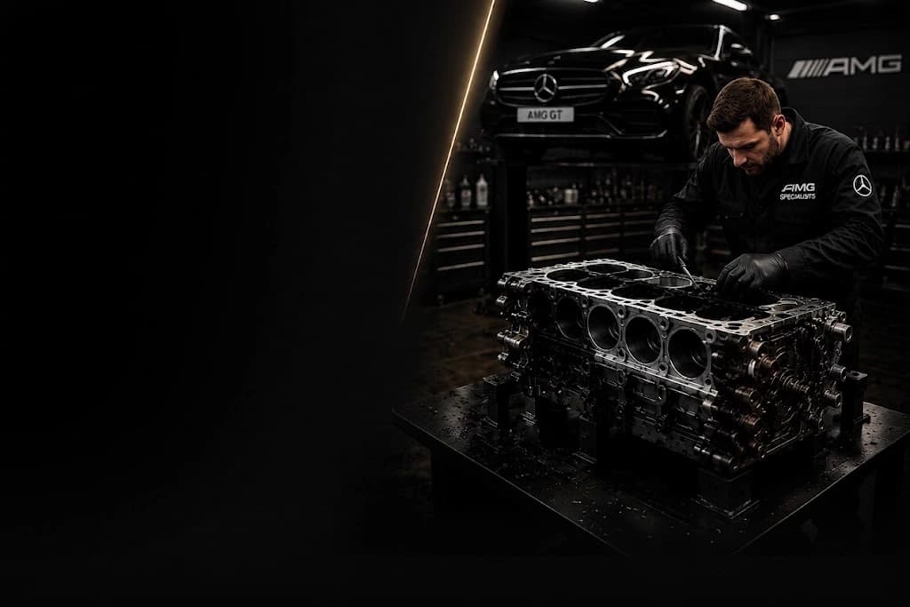 Jaguar technician rebuilding a AMG GT 53 engine block