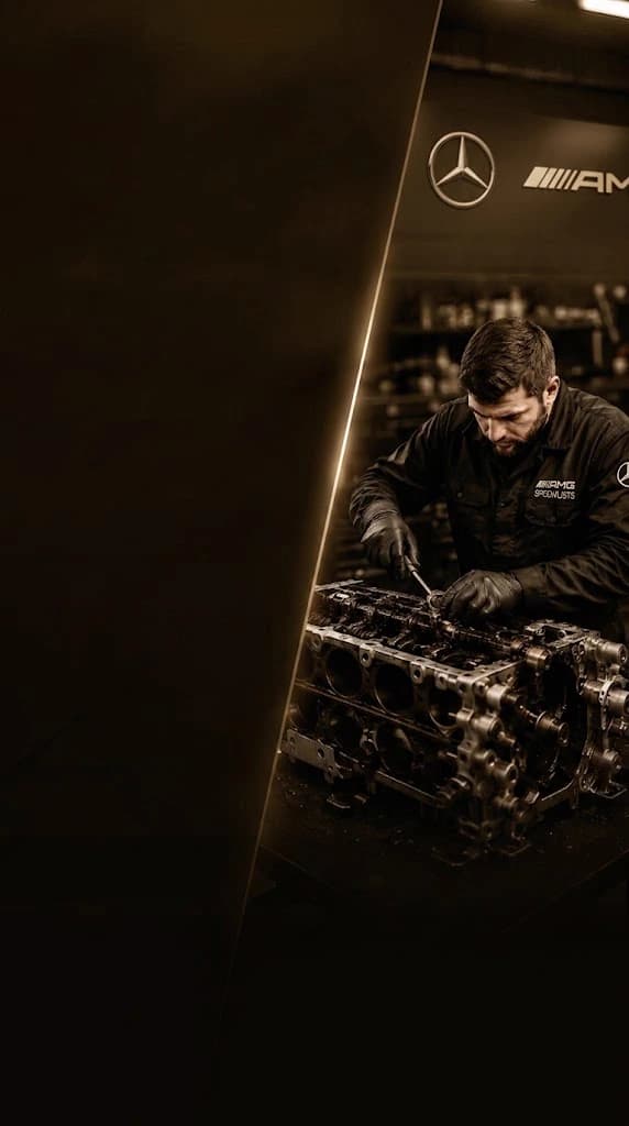 Jaguar technician rebuilding a AMG GT 53 engine block